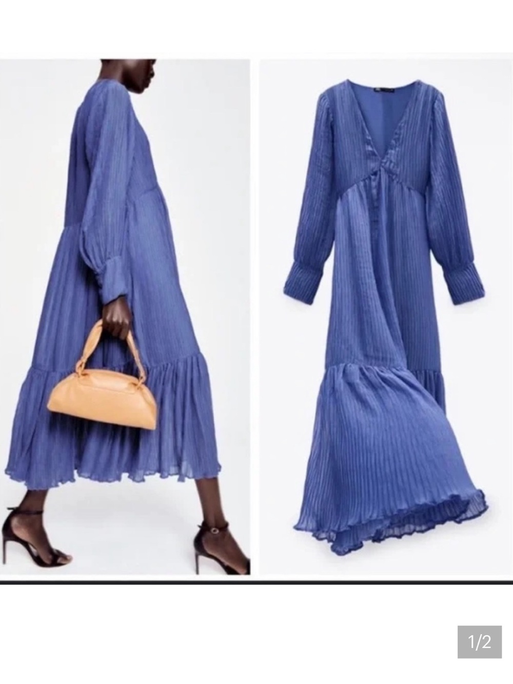 Zara Blue Pleated Maxi Dress with Long Sleeves - Picture 2 of 2